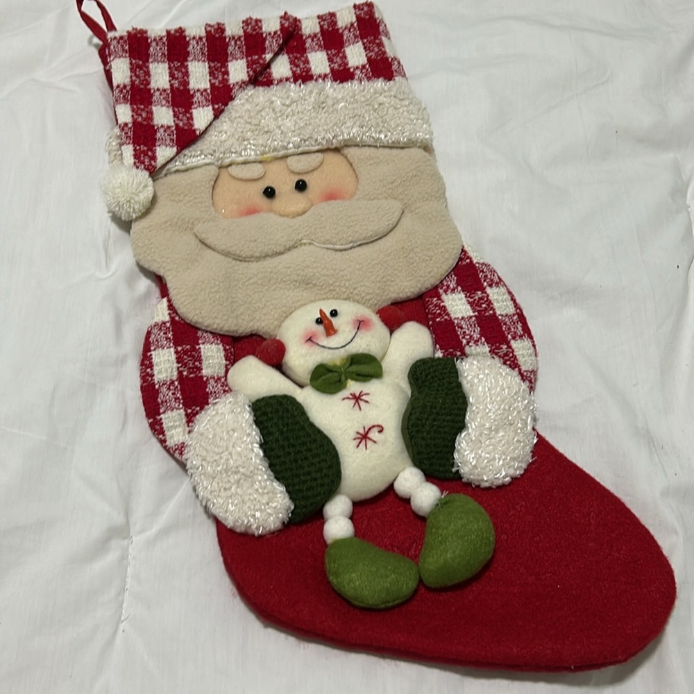 Vintage 3D Santa & Snowman Holiday Christmas Stocking
